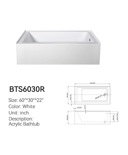 BTS6030R 60x30 acrylic bathtub dimension drawing showing right drain and Ø2 1/8 inch outlet