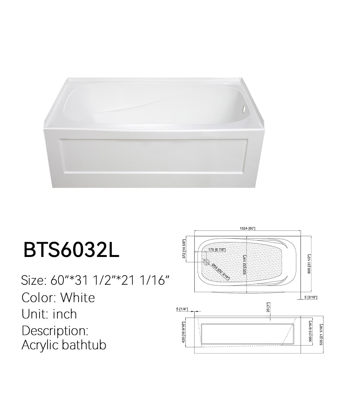 BTS6032L 60x32 skirted apron acrylic bathtub spec drawing showing dimensions 60 x 31 1/2 x 21 1/16 in, white, left-drain model