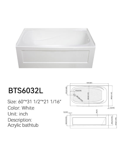 BTS6032L 60x32 skirted apron acrylic bathtub spec drawing showing dimensions 60 x 31 1/2 x 21 1/16 in, white, left-drain model