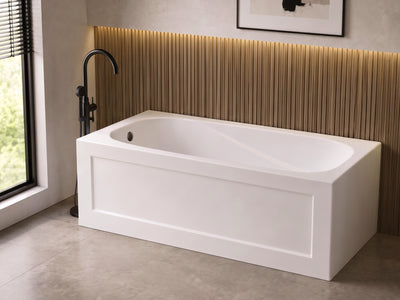 BTS6032R 60x32 skirted apron acrylic bathtub installed in a modern bathroom with a black freestanding faucet and wood-slat accent wall