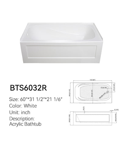 BTS6032R 60x32 skirted apron acrylic bathtub spec drawing showing dimensions 60 x 31 1/2 x 21 1/16 in, white, right-drain model