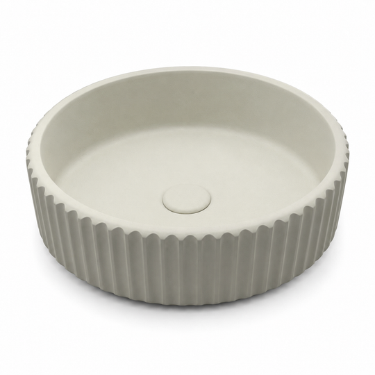 Ribbed round concrete bathroom sink Model C0001 with vertical textured exterior for OEM vanity and hotel bathroom projects