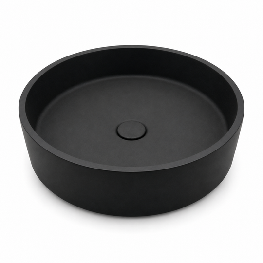 C0002 low-profile round concrete vanity sink in BE finish with circular vessel basin design