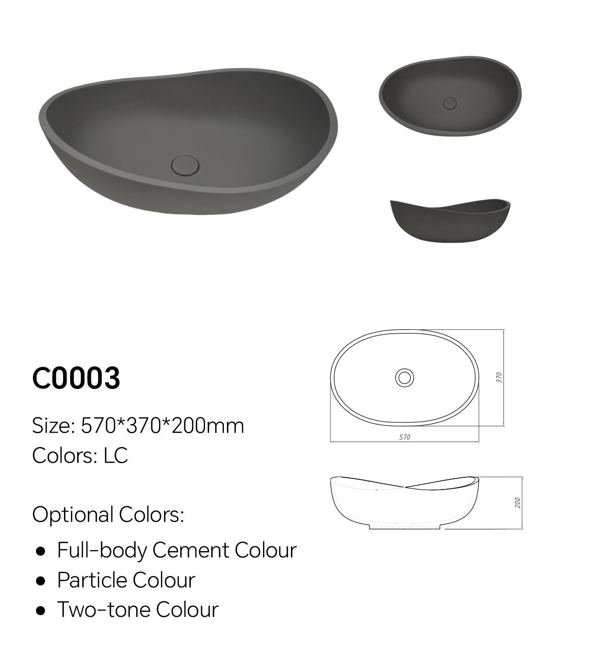 C0003 oval concrete basin sink technical drawing with 570 x 370 x 200 mm dimensions and optional concrete color choices