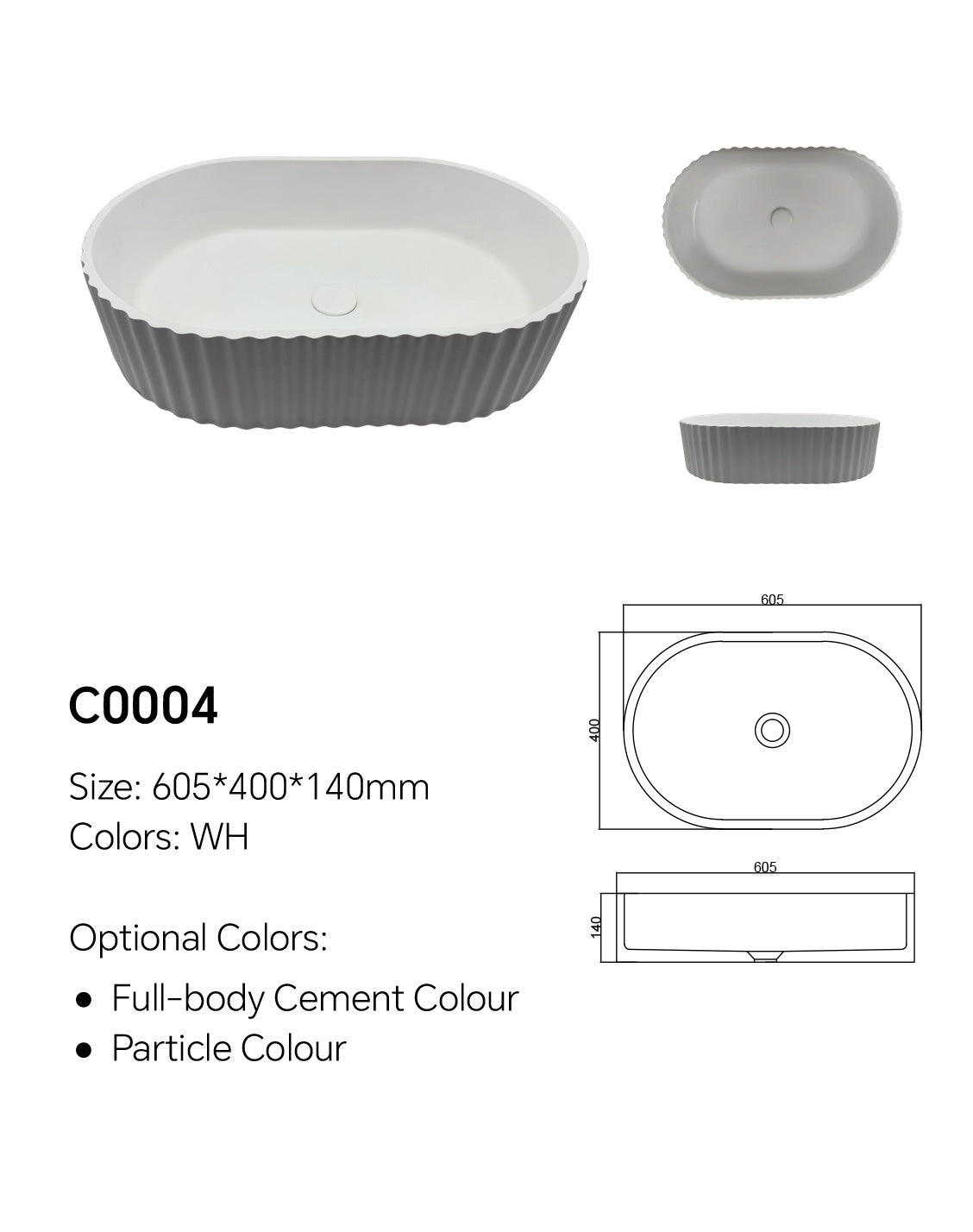 C0004 concrete utility sink specification image showing 605×400×140 mm size and WH color option for B2B buyers
