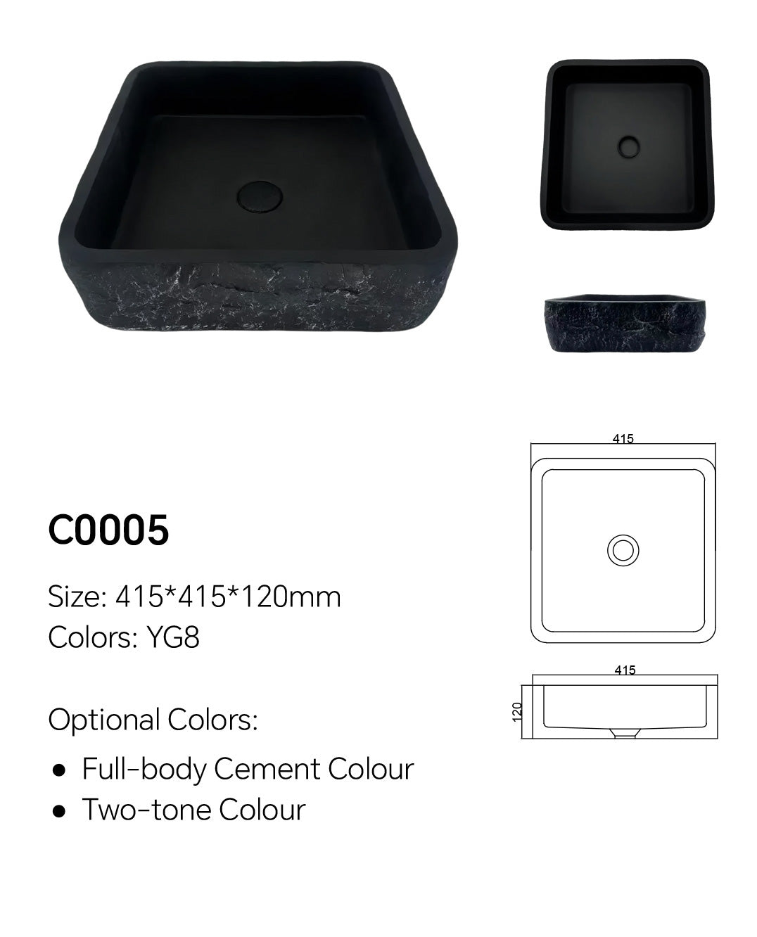 C0005 square concrete basin specification drawing showing 415 x 415 x 120 mm dimensions and center drain layout