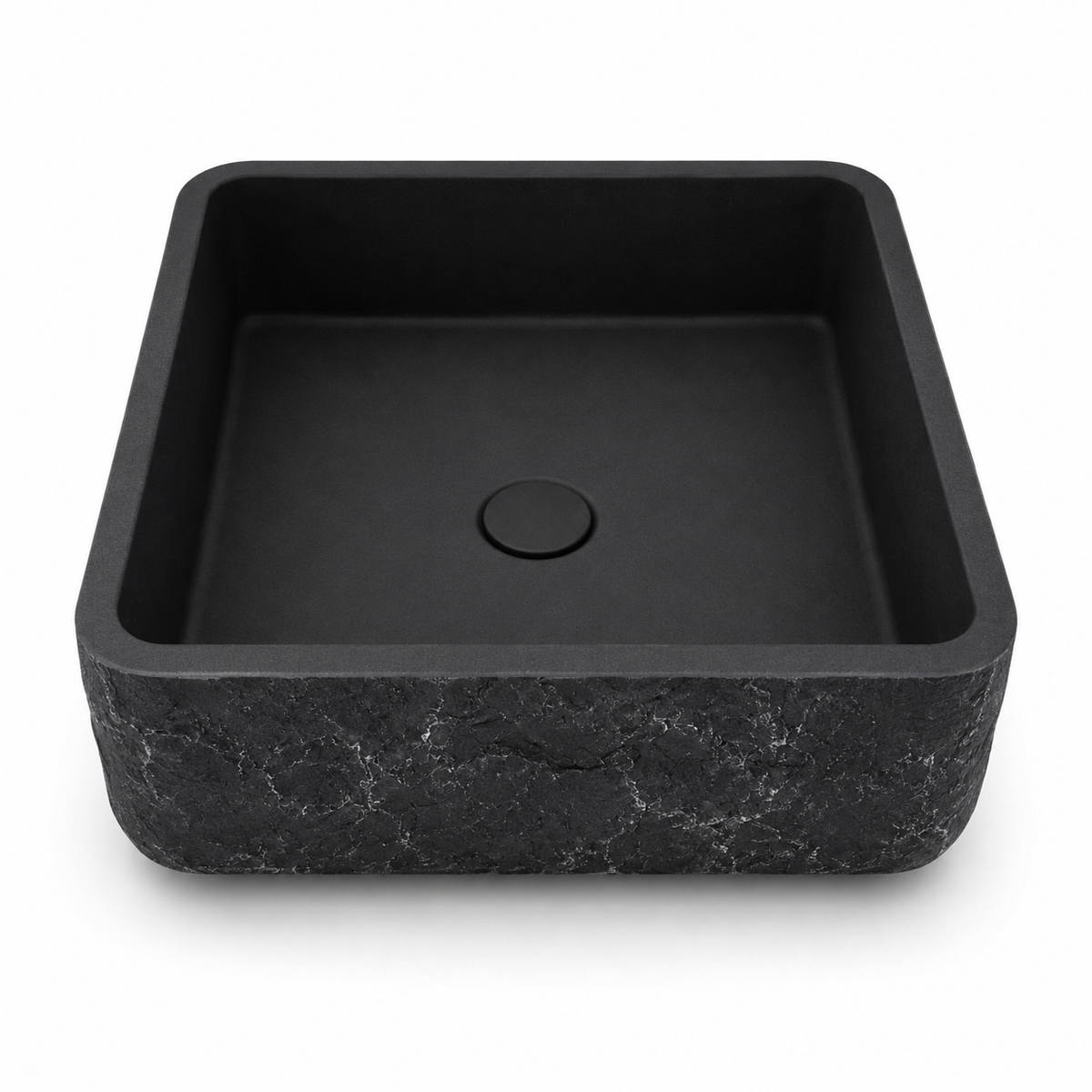 16.3 inch square concrete basin in dark YG8 finish with thick rim and textured exterior for commercial bathroom projects