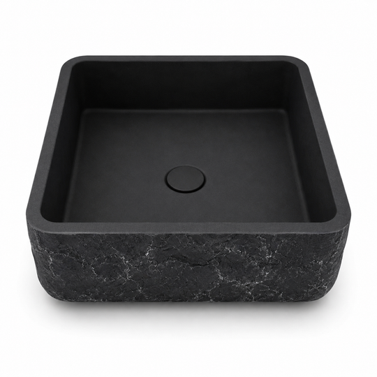 16.3 inch square concrete basin in dark YG8 finish with thick rim and textured exterior for commercial bathroom projects
