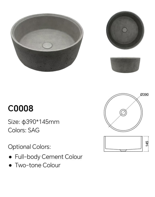 C0008 round concrete basin specification diagram showing 390mm diameter and 145mm height