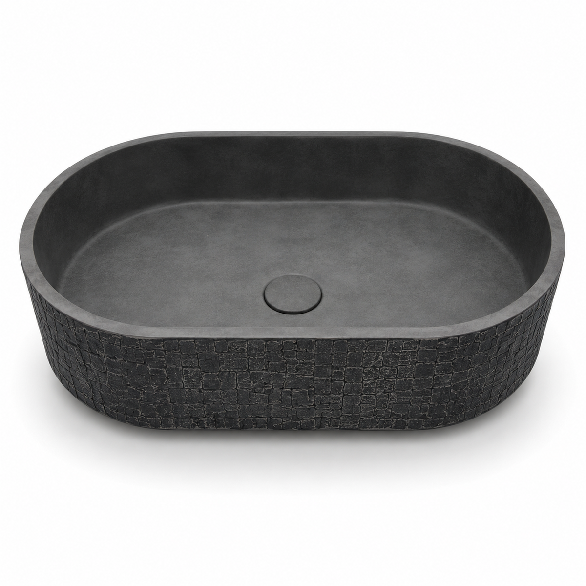 C0010 dark concrete trough sink with textured exterior and rounded rectangular vessel design for OEM bathroom projects