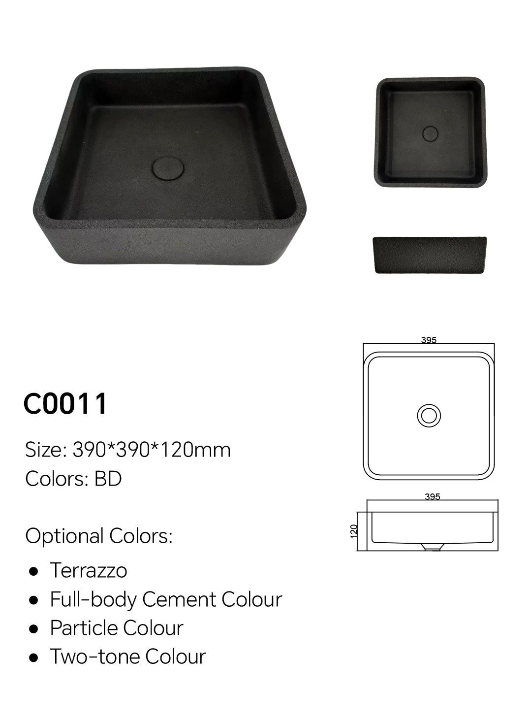 C0011 square concrete vessel basin specification image showing 390 x 390 x 120 mm size and color options