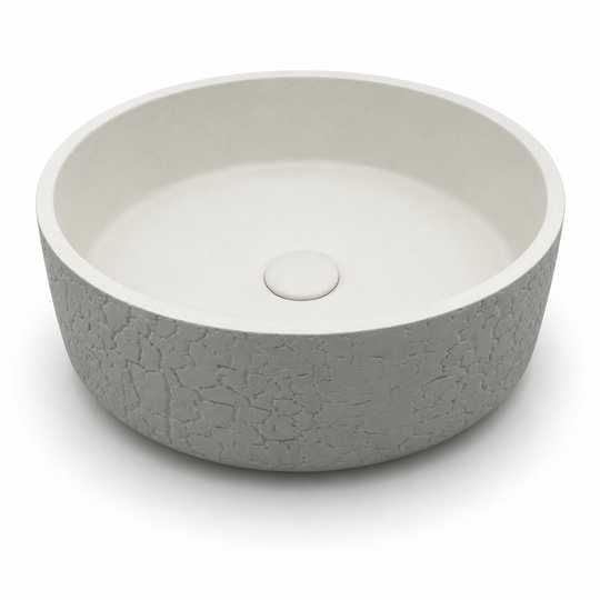 16 inch round concrete vessel sink with textured grey exterior and light interior bowl for countertop bathroom installation
