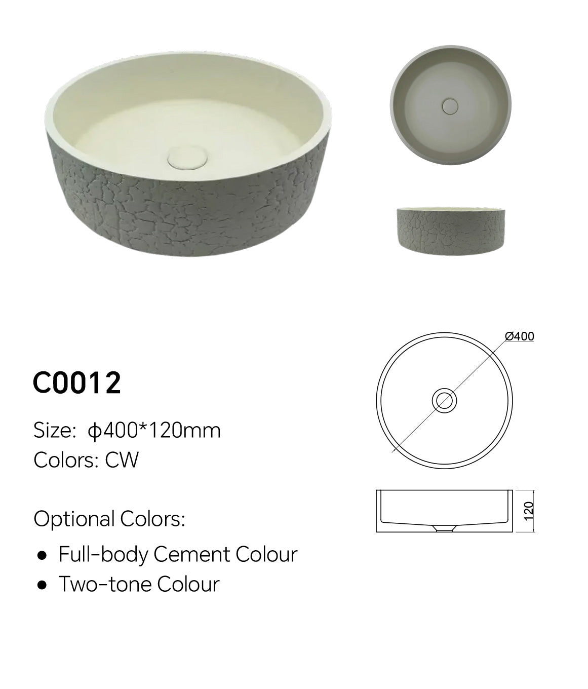 C0012 round concrete vessel sink specification image showing 400 mm diameter, 120 mm height, CW color, and OEM color options