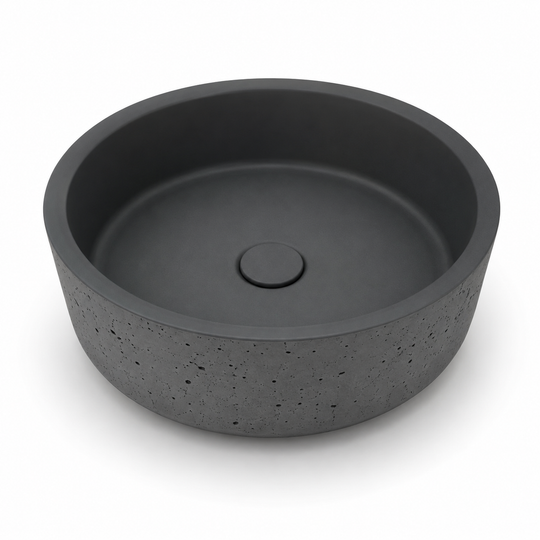Round concrete vessel basin C0013 with KB dark concrete finish, thick rim, smooth inner bowl, and textured exterior for commercial bathroom projects