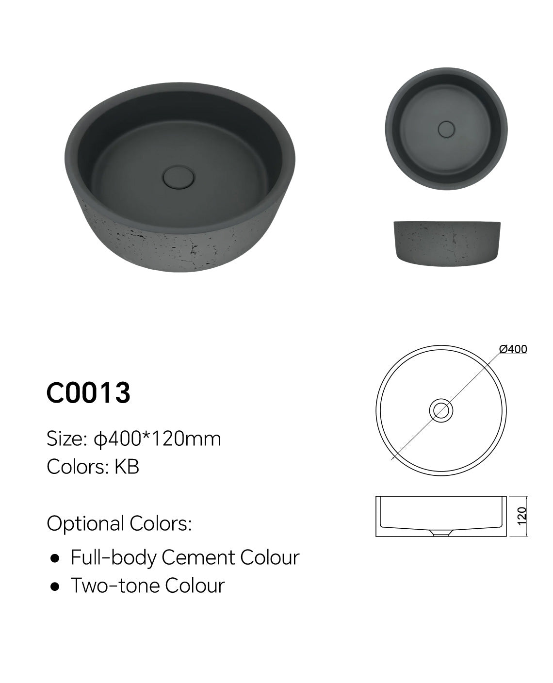 C0013 round concrete vessel basin specification image showing Ø400 × 120 mm size, KB color, top view, side view, and optional cement or two-tone color options