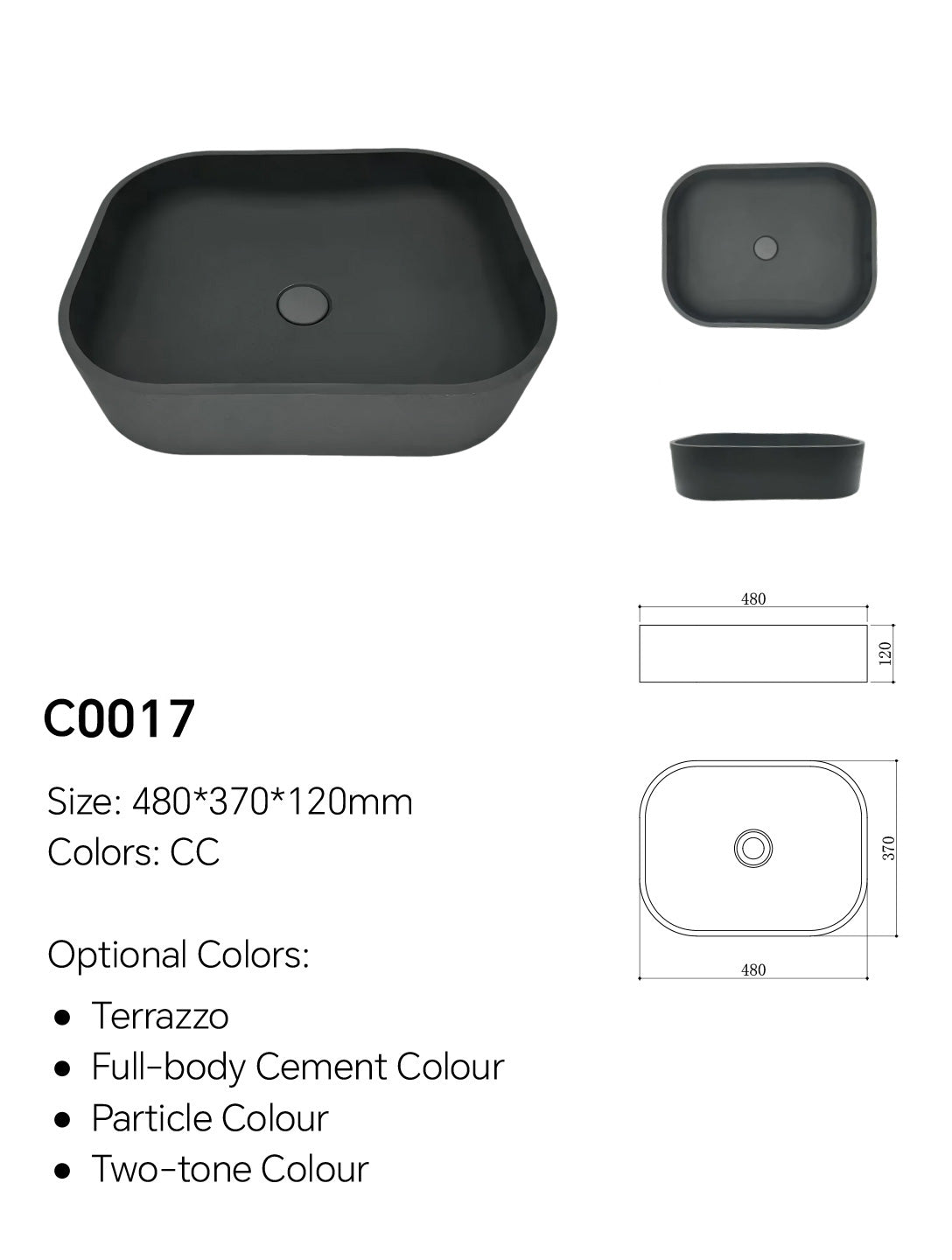 C0017 square concrete vessel basin specification drawing with 480 × 370 × 120 mm dimensions