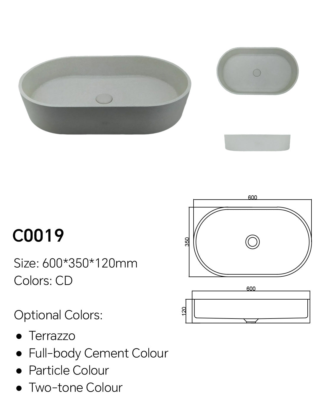 C0019 oval concrete basin specification diagram showing 600 x 350 x 120 mm dimensions