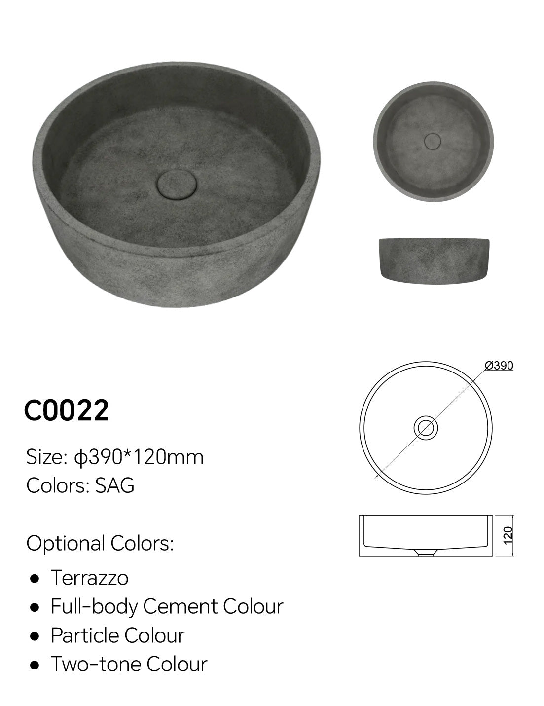 C0022 deep round concrete basin specification image showing Ø390 × 120 mm dimensions