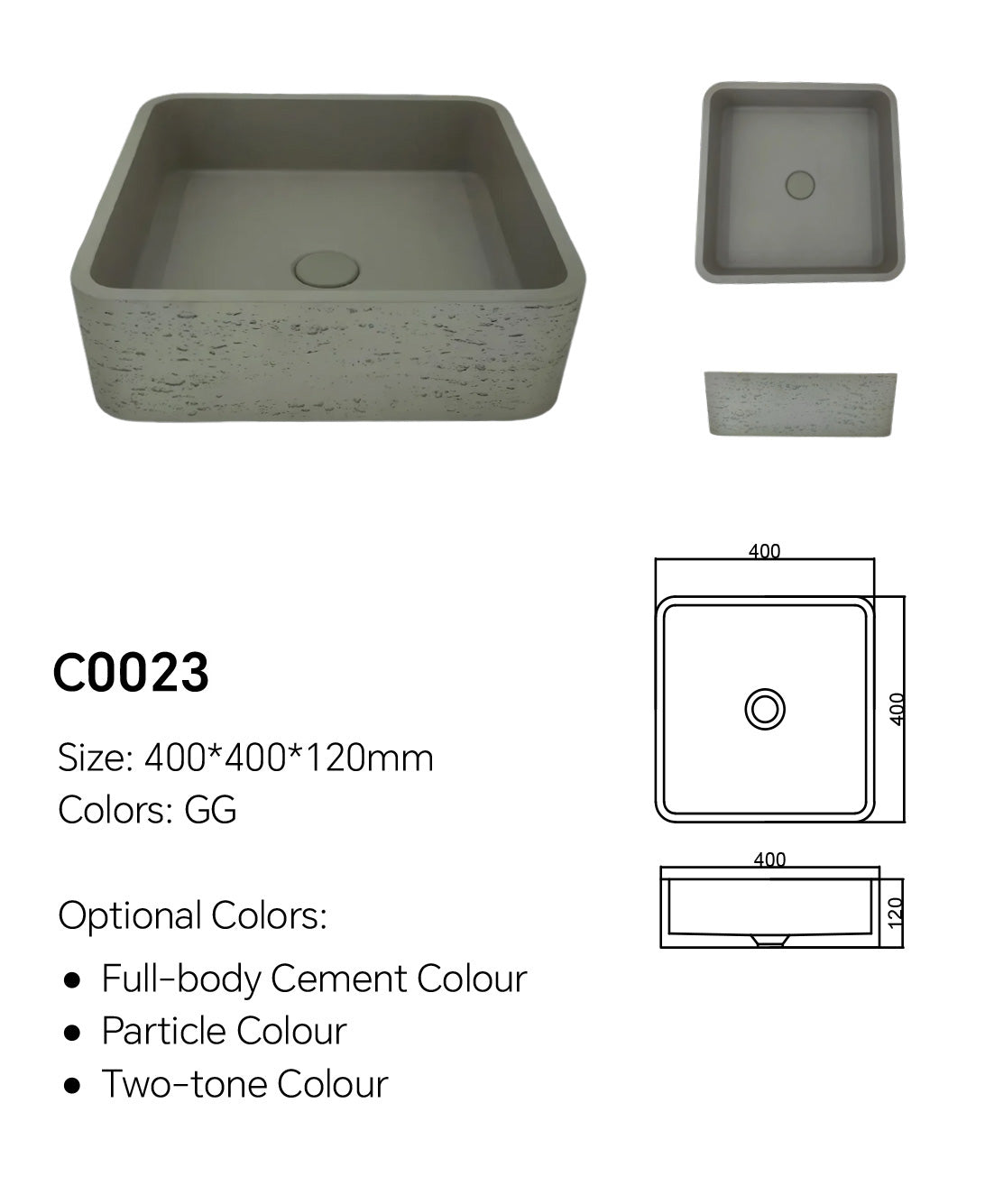 C0023 square concrete basin specification image showing 400 × 400 × 120 mm size and optional cement, particle, and two-tone colors