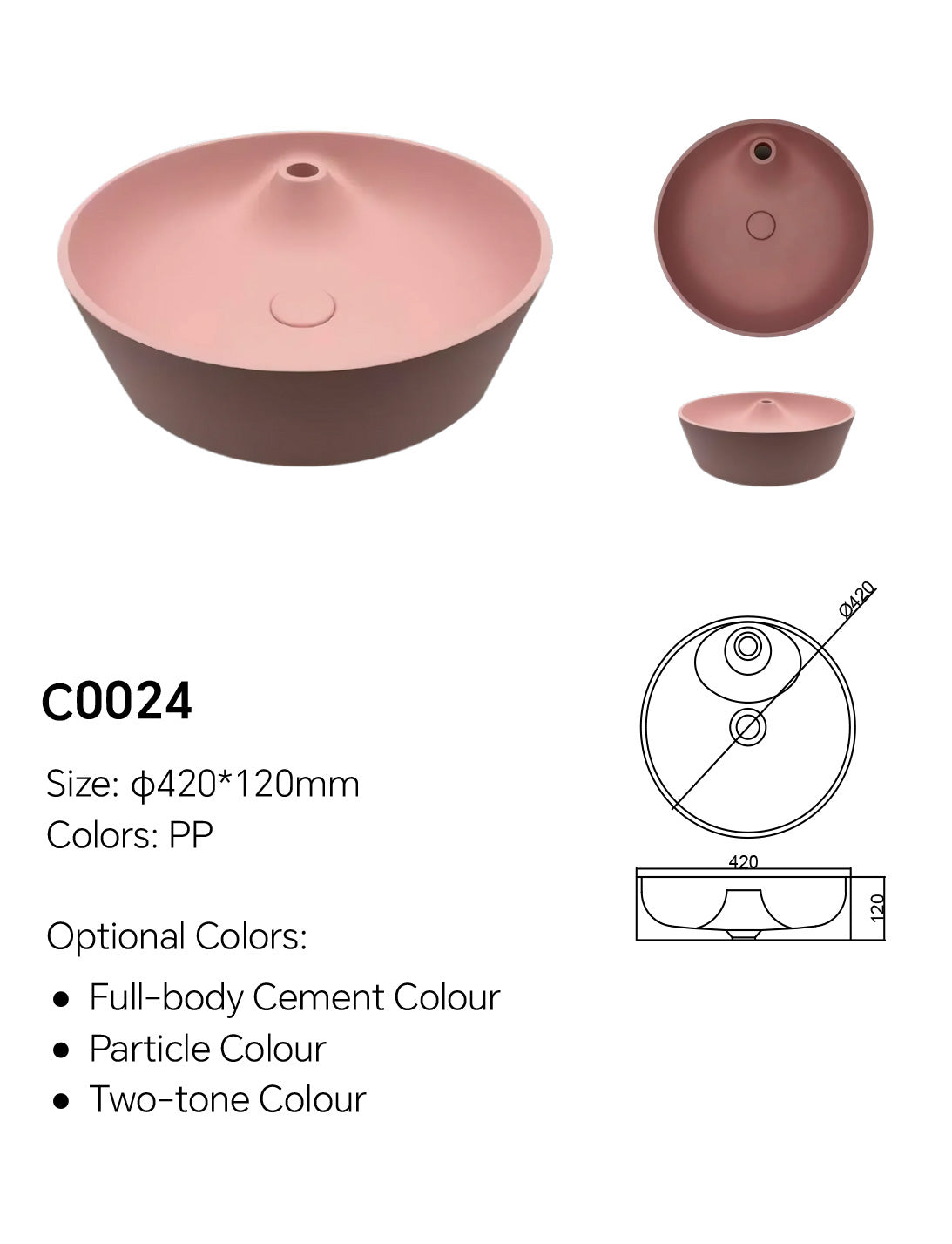 C0024 round concrete ramp basin specification image showing 420 mm diameter and 120 mm height