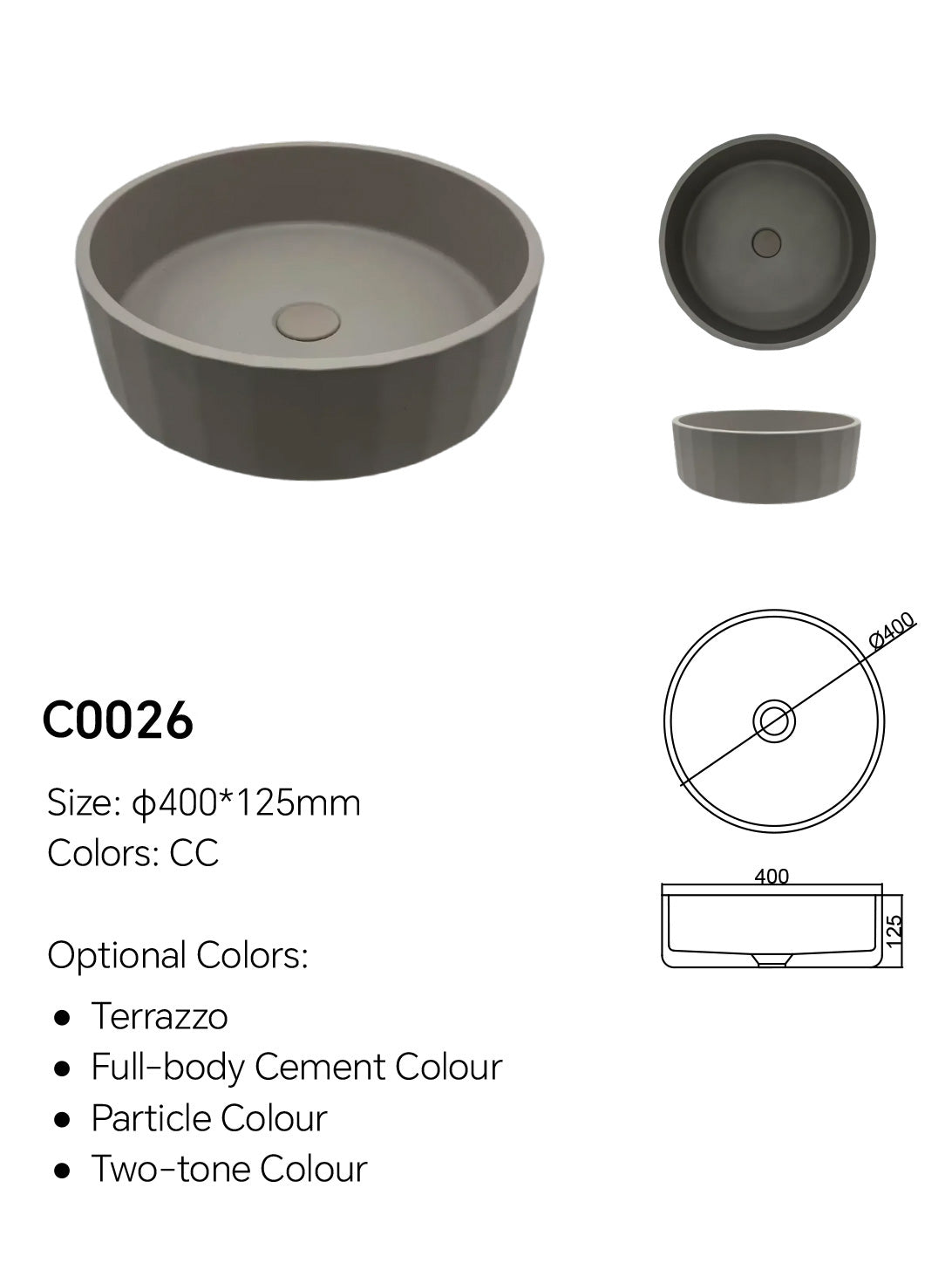 C0026 round concrete sink specification diagram showing φ400 × 125mm size, vertical textured exterior, and countertop vessel basin design