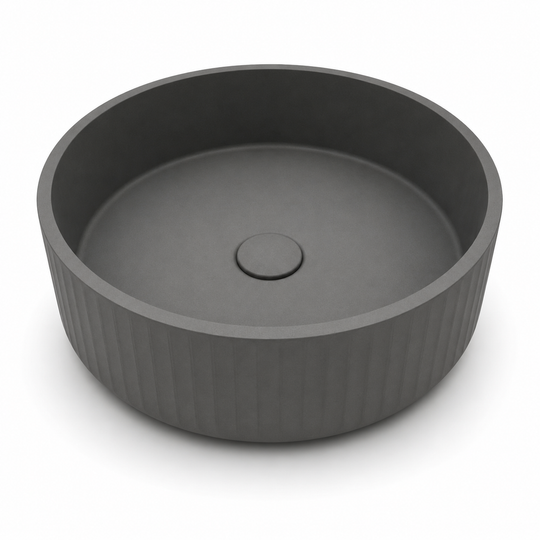 Ribbed round concrete basin C0029 in LC color with textured exterior and smooth round vessel bowl