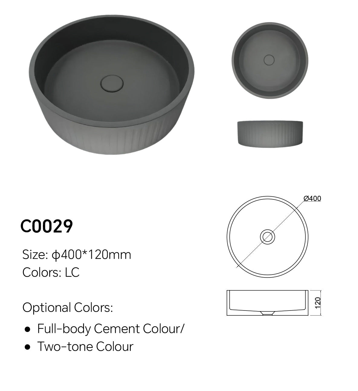 C0029 ribbed round concrete basin size diagram showing Ø400 x 120 mm countertop vessel dimensions