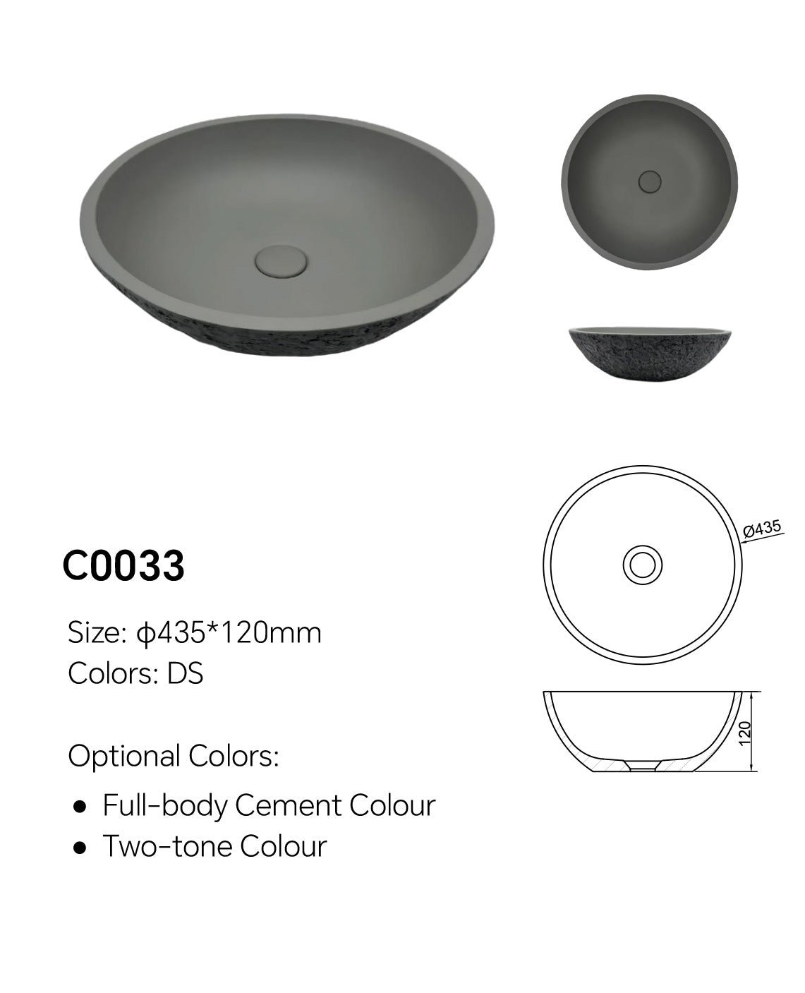 C0033 charcoal round concrete vessel sink specifications showing Ø435 x 120mm size and countertop vessel basin design