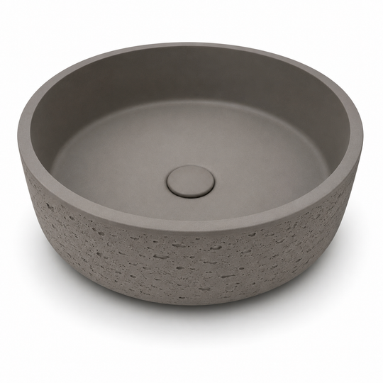 Textured round concrete sink C0034 with smooth inner bowl and textured exterior for B2B bathroom projects