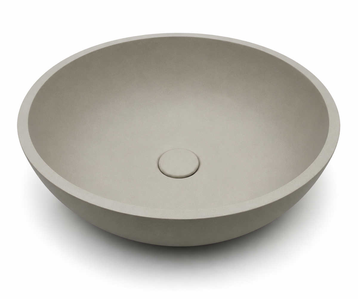 Shallow round concrete basin C0039 in GW finish with low-profile vessel design for countertop bathroom projects