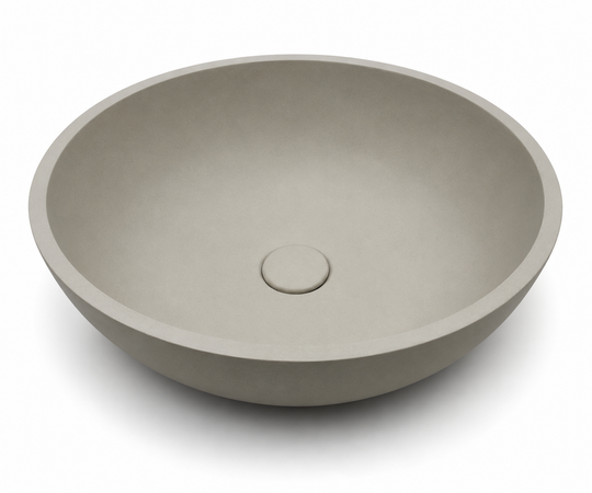 Shallow round concrete basin C0039 in GW finish with low-profile vessel design for countertop bathroom projects