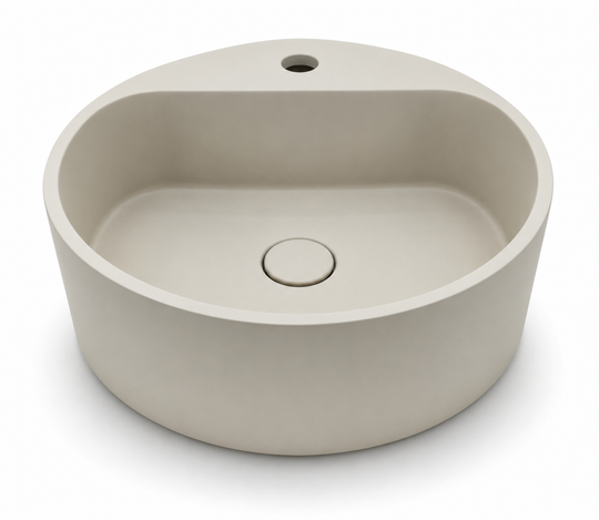 Round concrete basin with rear faucet hole and CAL cement finish for B2B bathroom vanity projects
