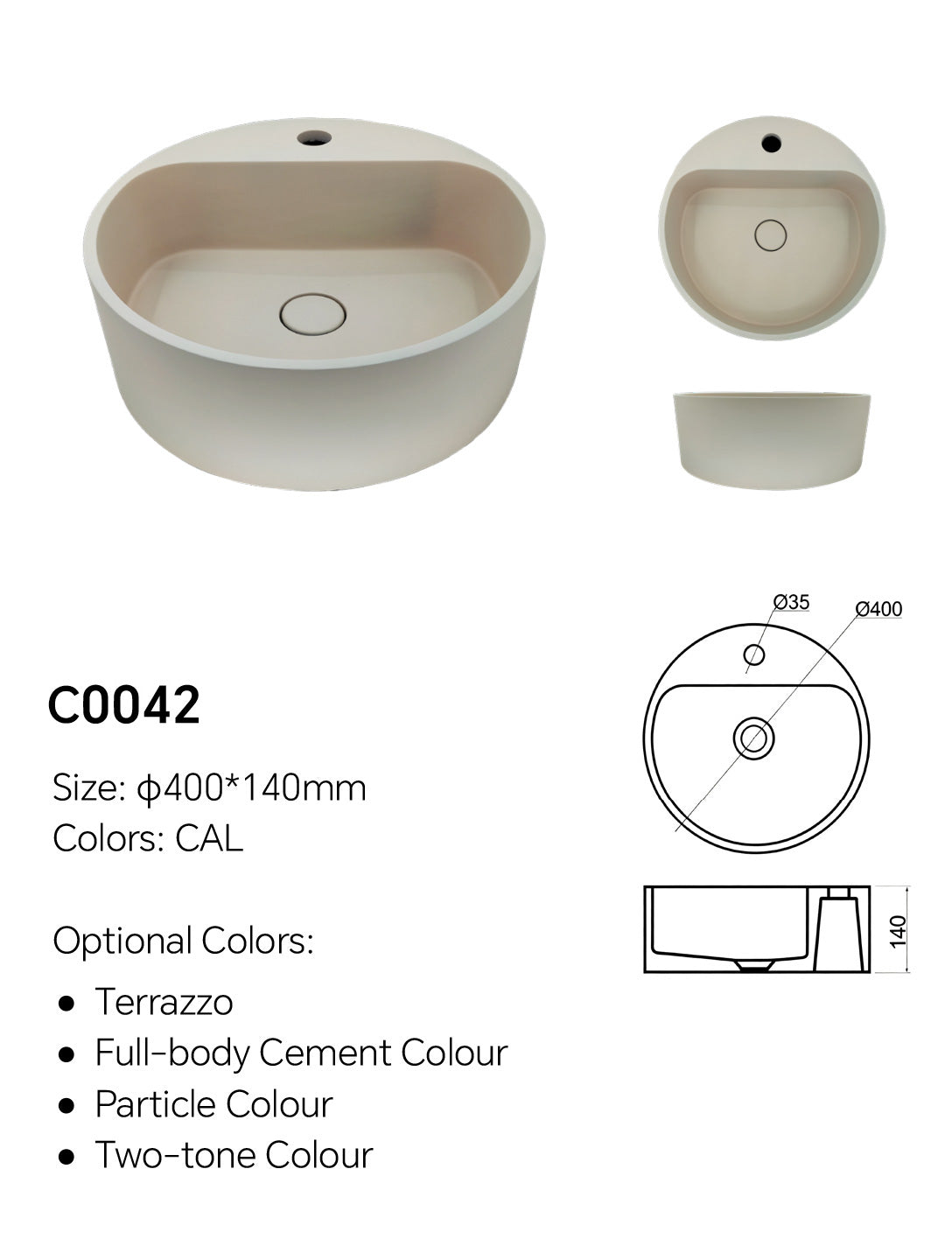C0042 round concrete basin specification image showing Ø400 × 140mm size and Ø35mm faucet hole details