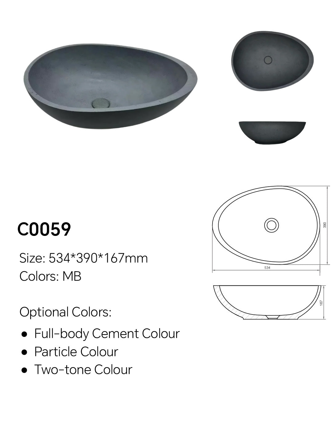 C0059 oval concrete vessel sink in MB finish with organic asymmetrical shape for countertop bathroom vanities
