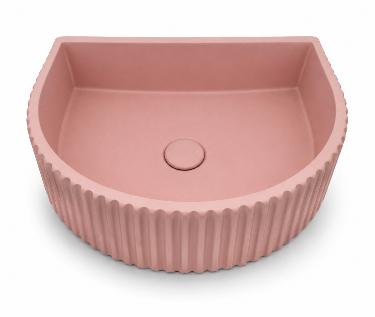 C1001 soft pink fluted half-moon concrete floating sink with ribbed exterior and smooth interior bowl