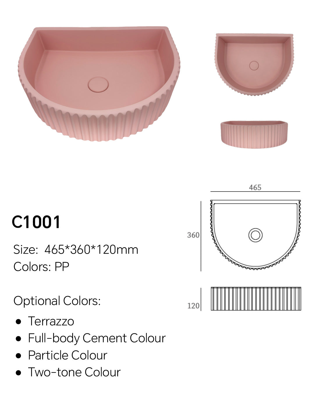 C1001 wall-mounted concrete basin size chart showing 465 x 360 x 120 mm half-moon fluted sink dimensions
