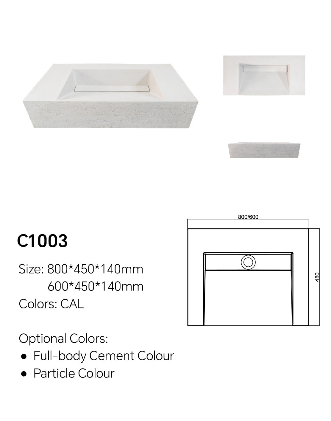 C1003 concrete ramp vanity sink specification image showing 800 × 450 × 140 mm and 600 × 450 × 140 mm size options with CAL concrete finish details