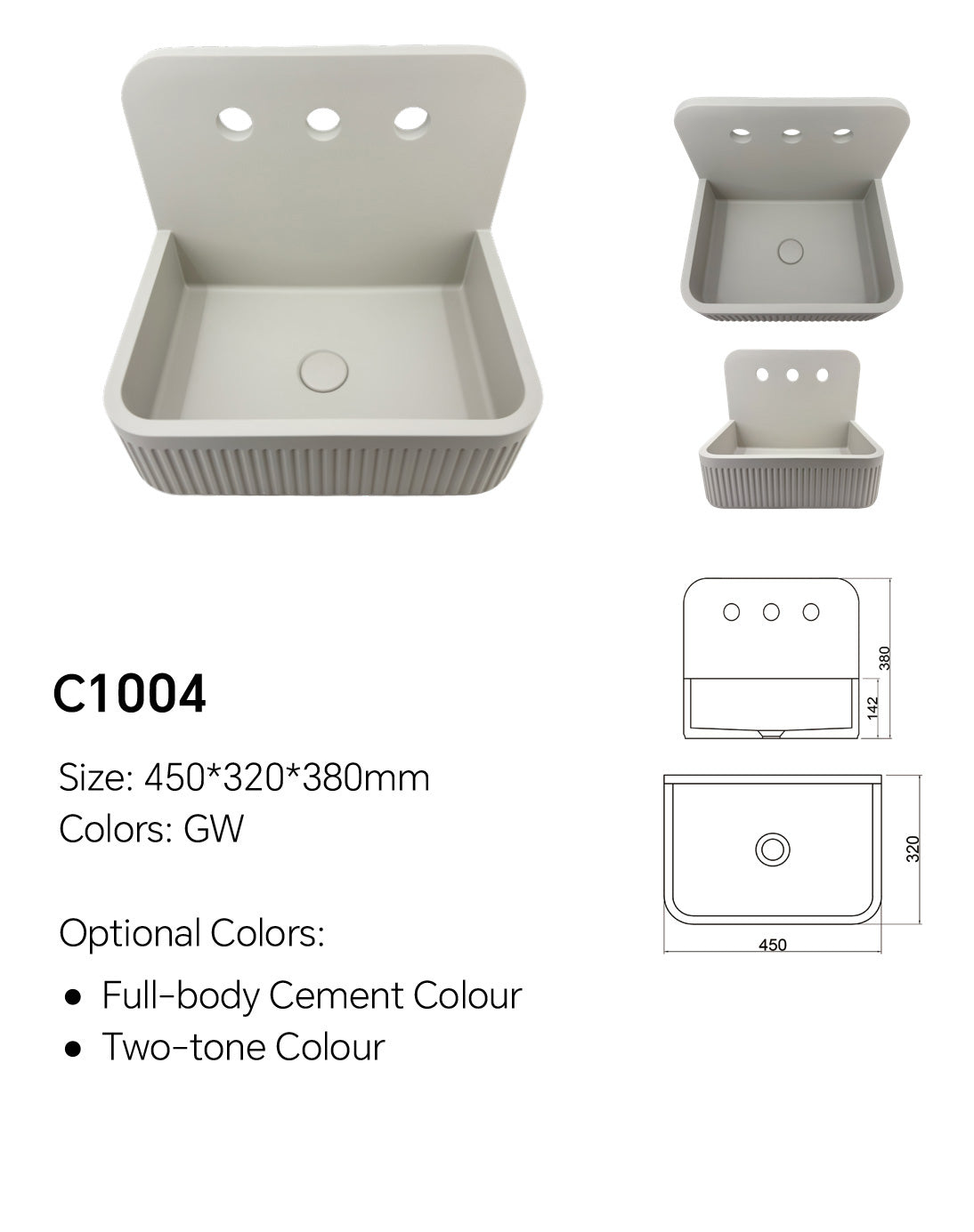 C1004 concrete wall mount sink specification with 450 × 320 × 380 mm size and optional cement colors