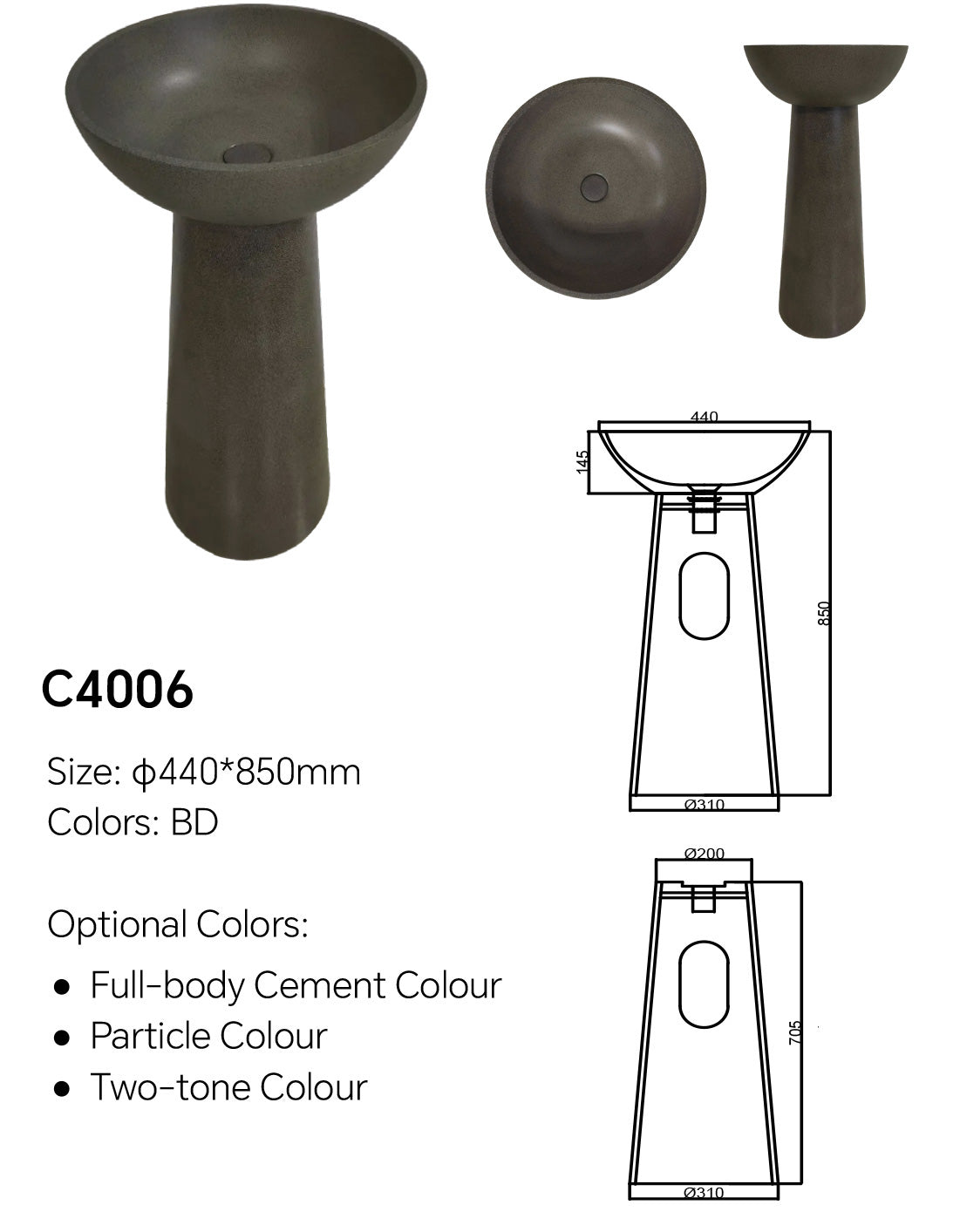 C4006 concrete pedestal sink technical drawing showing 440 mm bowl diameter, 850 mm height, and 310 mm base diameter