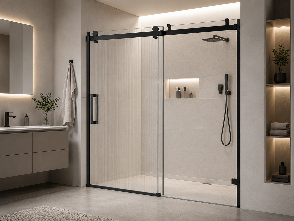 DD-S5 frameless single sliding fluted glass shower door with black hardware and soft close in a modern beige bathroom