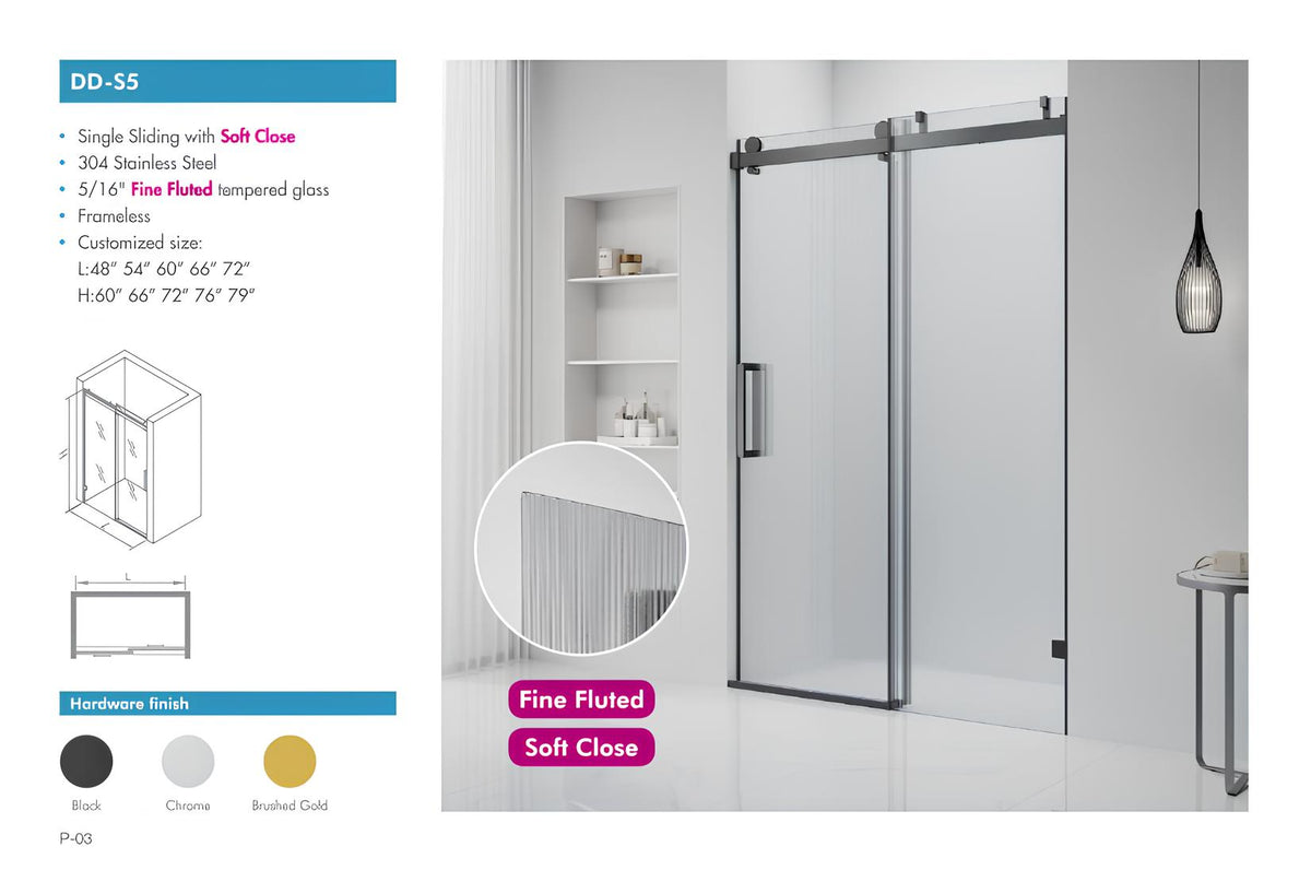 DD-S5 single sliding fluted shower door spec sheet showing soft close, sizes, glass thickness, and hardware finishes