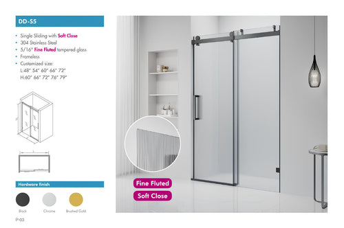 DD-S5 single sliding fluted shower door spec sheet showing soft close, sizes, glass thickness, and hardware finishes