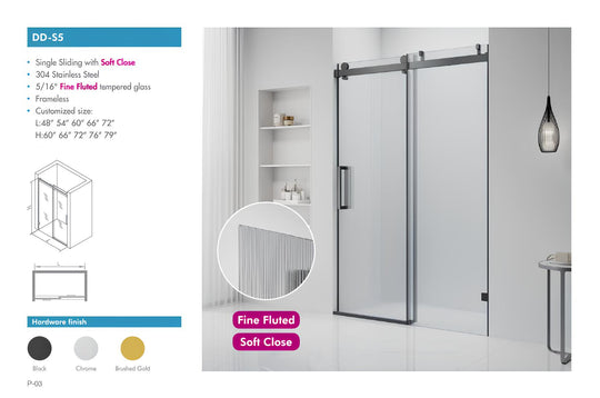 DD-S5 single sliding fluted shower door spec sheet showing soft close, sizes, glass thickness, and hardware finishes