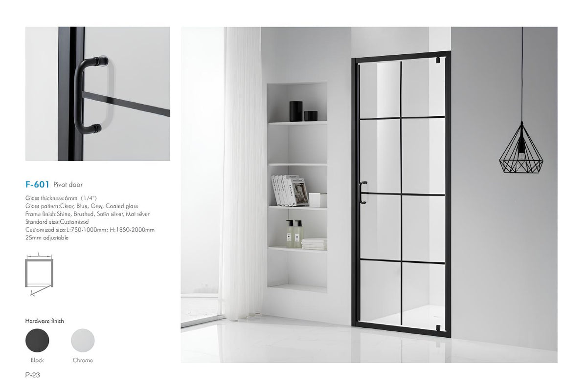 F-601 pivot black framed shower enclosure catalog page with handle detail and finish options