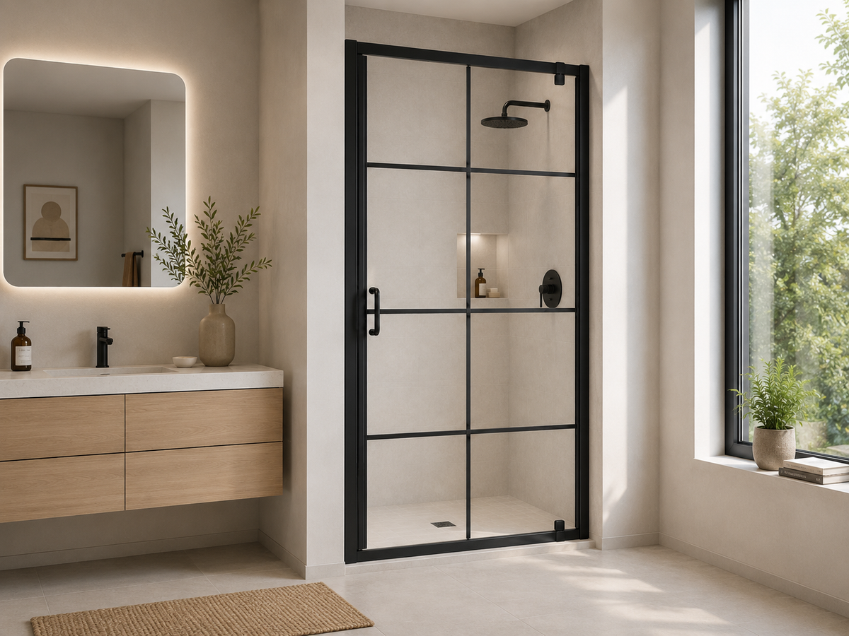 SANIKB F-601 black framed pivot shower enclosure in a modern beige bathroom with floating vanity