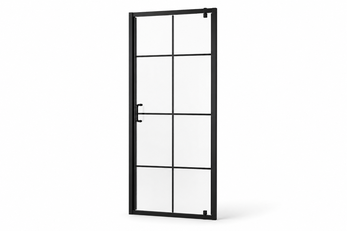 F-601 black framed pivot glass shower door with grid design and black handle on white background