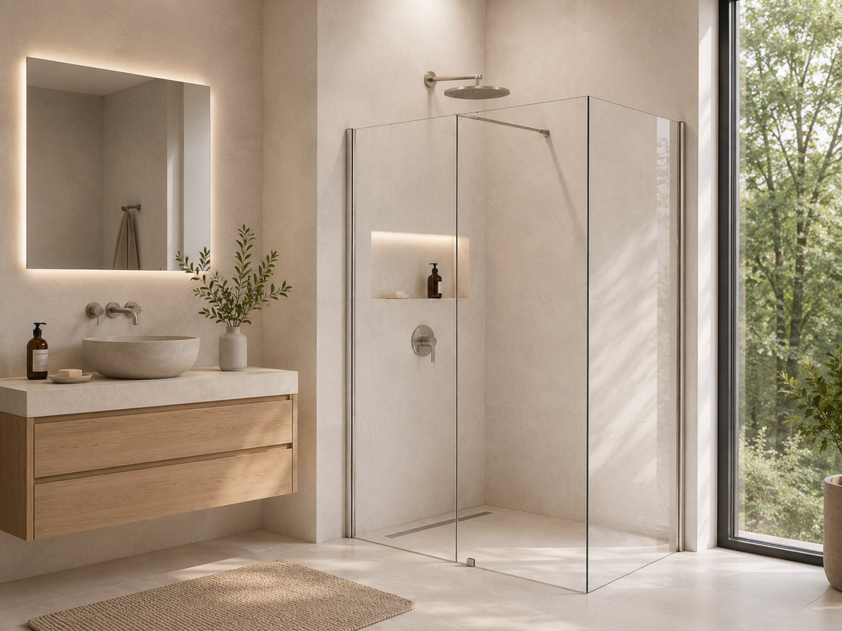 SANIKB F-602 walk-in glass shower screen with support bar in a bright modern bathroom layout
