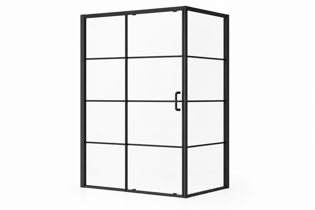 F-603 black framed sliding shower enclosure with grid glass panels and corner layout