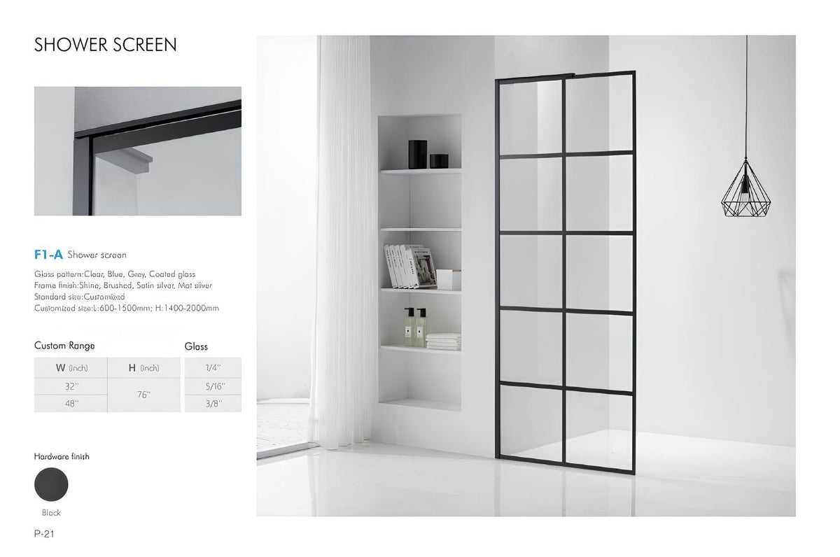 F1-A black grid shower screen specification image with custom size and glass thickness options