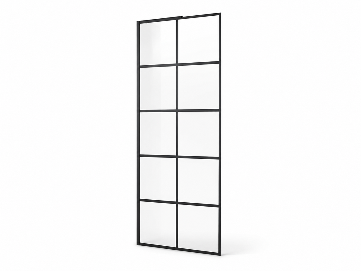 F1-A black grid fixed shower screen product view with clear glass and black frame
